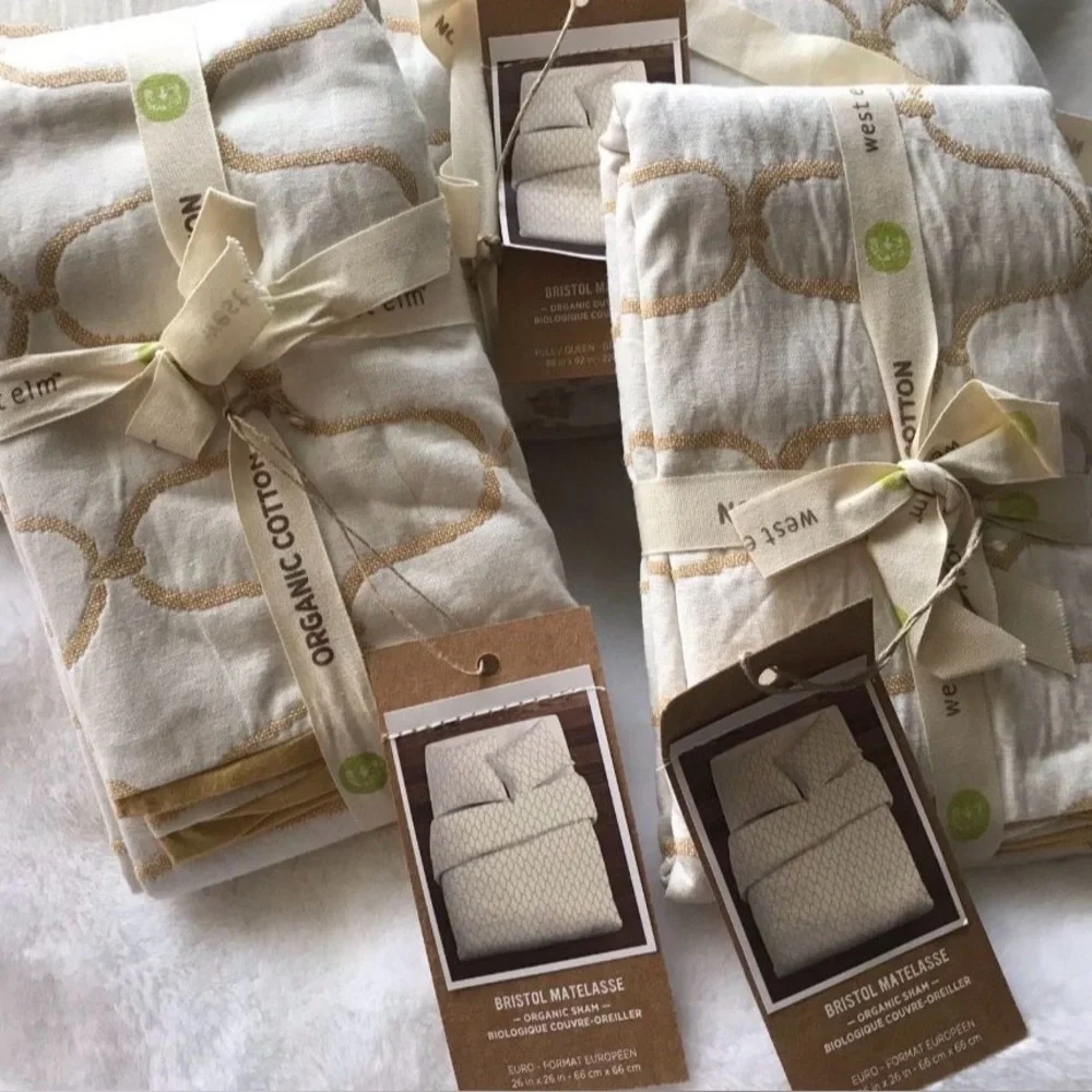 NWT West Elm Organic Bristol Matelasse Queen Duvet Cover & 2 Euro Shams Bedding
